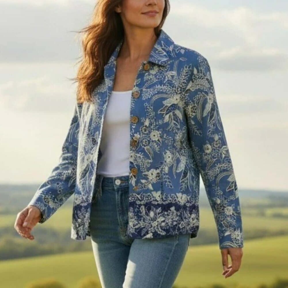 Coldwater Creek Linen Blend Beaded Jacket Size Petite XS Blue Floral Beachy Boho